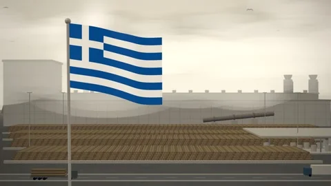 Greece Flag Flying Over Paper Mill Log Yard seamless loop Stock Footage 345379266