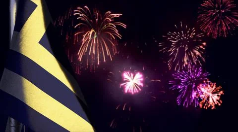 Greece flag is hanging on firework sky for national celebration - soft focus Stock Illustration