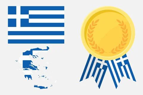 Greece flag with map and gold medal in set for web and banners or app and gam Stock Illustration