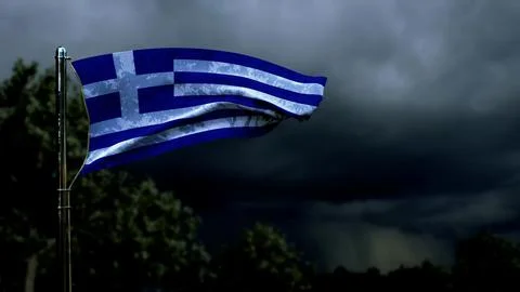 Greece flag for national celebration on dark storm cumulus clouds Stock Illustration