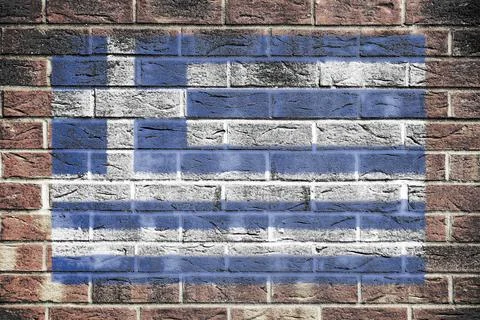 Greece flag painted on brick wall background Stock Photos