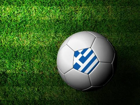 Greece flag pattern 3d rendering of a soccer ball in green grass Stock Illustration