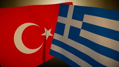 Greece Flag Rippling In Front Of Turkey With Its Shadow Sweeping The Cloth Video stock 344706035