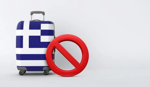 Greece flag suitcase with no entry sign. Travel ban concept. 3D Render Иллюстрация