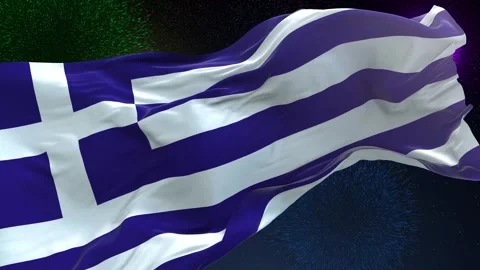 Greece flag - Waving flag on celebrating fireworks for national holiday day Stock Footage 293716348
