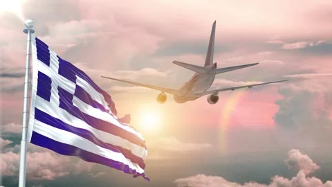 Greece flag Waving Realistic With Sky Plane Takes Off At Sunrise Stock Footage 294599286