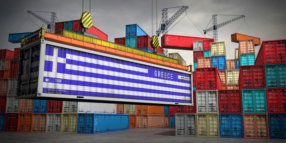 Greece - freight container in cargo terminal - 3D illustration Stock Illustration