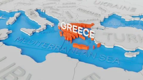 Greece highlighted on a white simplified 3D world map. Digital 3D render. Stock Illustration
