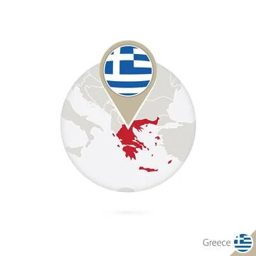 Greece map and flag in circle. Map of Greece, Greece flag pin. Map of Greec.. Stock Illustration
