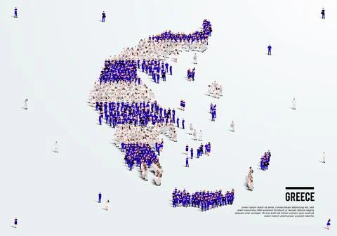 Greece Map and Flag. A large group of people in the Greece flag color. Illustrazione stock