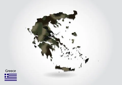 Greece map with camouflage pattern, Forest - green texture in map. Military c Stock Illustration