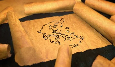 Greece Map Drawing Unfolding Old Paper Scroll 3D 스톡 일러스트