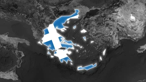 Greece Map Highlight with Animated Flag Pin on Black and White World Map Video stock 340908658
