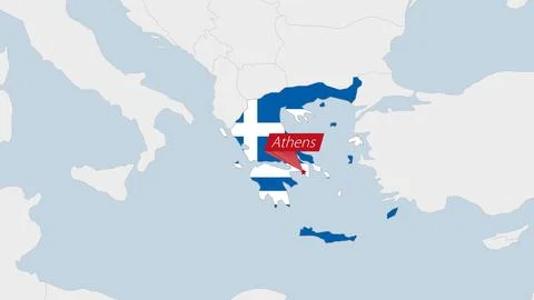 Greece map highlighted in Greece flag colors and pin of country capital Athen Stock Illustration
