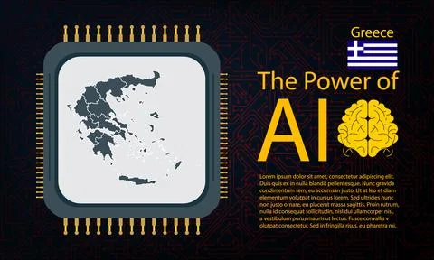 Greece map with microchip war and AI concept on circuit board, Power of AI .. Illustrazione stock