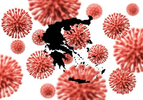 Greece map over a scientific virus microbe background. 3D Rendering Ilustração Stock