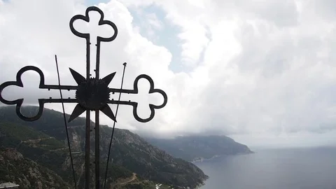 Greece, Mount Athos, Holy Monastery Simonopetra, view from the cross Stock Footage 73261733