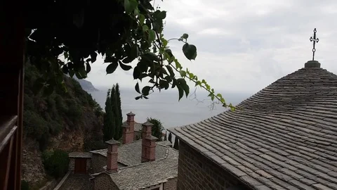 Greece, Mount Athos, Holy Monastery Simonopetra, Stone Roof Stock-Footage 73265493