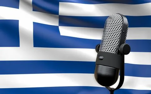 Greece national flag with microphone composition of voice of truth debate inf Stock Illustration