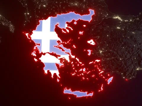 Greece with national flag on night map Stock Illustration
