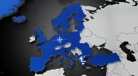 Greece in NATO - map and flags - 3D illustration Stock Illustration