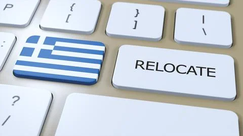 Greece Relocation Business Concept. 3D Illustration. Country Flag with Text.. Stock Illustration