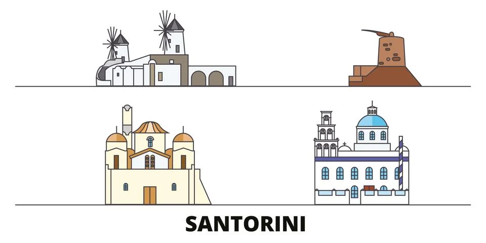 Greece, Santorini flat landmarks vector illustration. Greece, Santorini line Stock Illustration