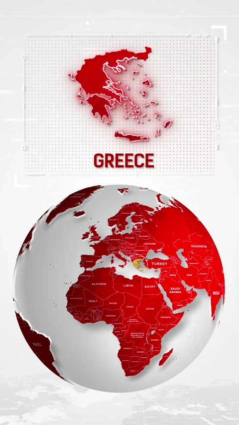 Greece Tech Map Over Rotating Globe Vertical Background Stock Footage 343308049