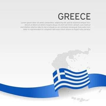 Greece wavy flag, map on white background. State greek patriotic banner, flyer Stock Illustration