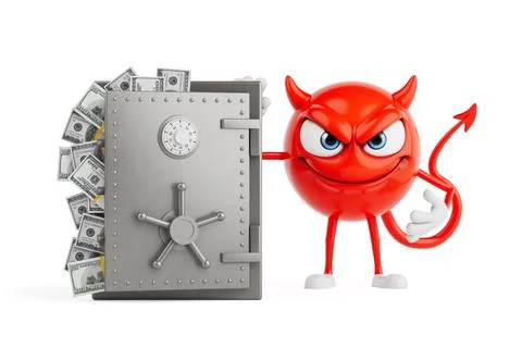 Greed And Wealth Concept. Red Evil Cartoon Character Standing Next To Open .. Ilustração Stock