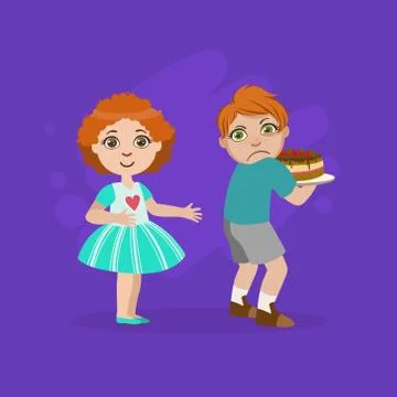 Greedy Boy Not Sharing Cake with Girl, Bad Behavior Vector Illustration 스톡 일러스트