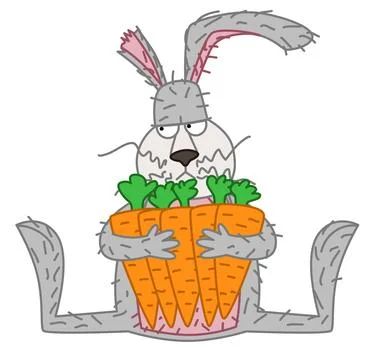 A greedy hare with one ear hugs a lot of carrots. Vector illustration Stock Illustration