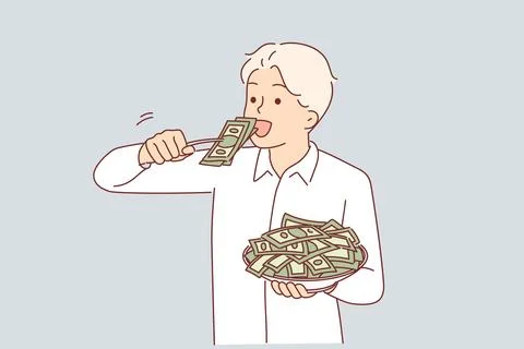 Greedy man eats money from plate, symbolizing greed and ambition for wealth or Stock Illustration