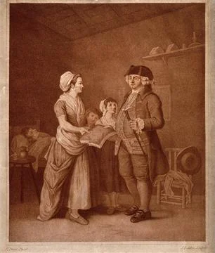 A greedy medical practitioner demanding a section of bread or cake (?) for .. Stock Illustration