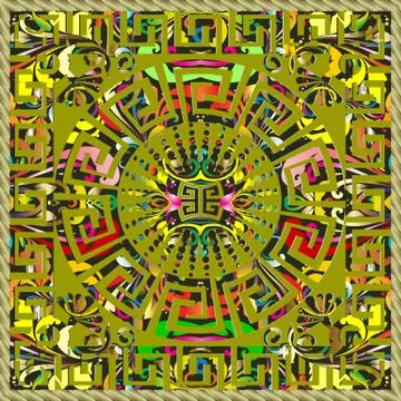 Greek 3d panel design. Meander colorful mandala pattern. Square greek key fra Stock Illustration