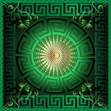 Greek 3d square panel pattern. Floral  green vector background. Meander ornam 스톡 일러스트
