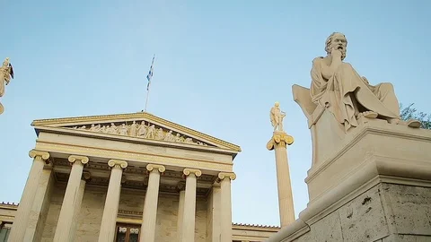 Greek Architecture Statues of the Philosophers Plato and Socrates Stock Footage