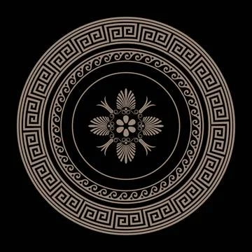 Greek classic gold round pattern frame plate with pattern in center. Greek meand Stock Illustration