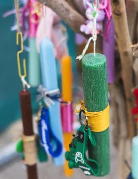 Greek Easter candles, assortment selection of handmade crafted traditional .. Stock Photos