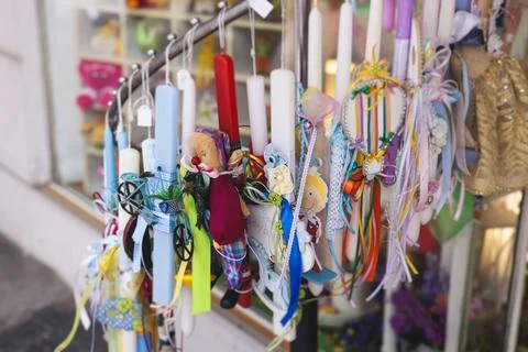 Greek Easter candles, assortment selection of handmade crafted traditional .. Fotos de archivo