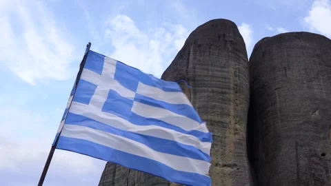 Greek Flag Blowing in the Wind Low Angle on a Hill in Meteora, Greece. Agai.. Stock Footage 334897454