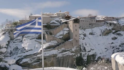 The Greek Flag on a Mountaintop Video stock 150600408