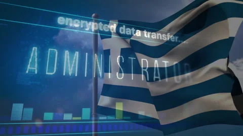 Greek flag waving over encrypted data transfer animation with digital elements Stock Footage 303554054