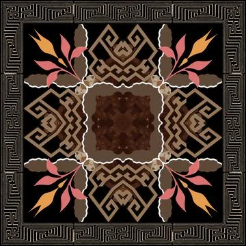 Greek floral vector pattern. Square frame, borders, flowers. Tribal abstract  Stock Illustration