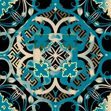 Greek floral vector seamless pattern. Ornamental geometric ethnic tribal styl 库存插图