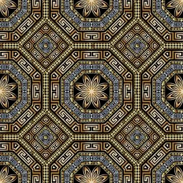 Greek gold silver 3d vector seamles pattern. Geometric ornamental luxury Stock Illustration