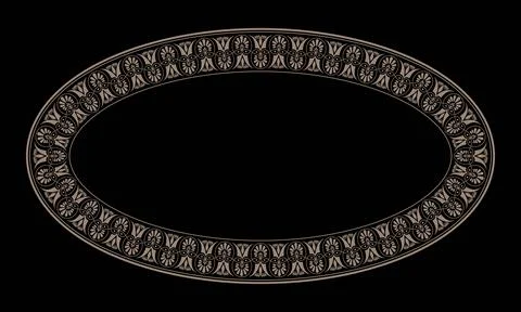 Greek golden pattern frame, border. Gold Greek Oval porcelain plate on black  イラスト素材
