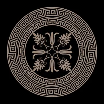 Greek key meander pattern on black background. Gold round frame arabesque. Plate Illustrazione stock