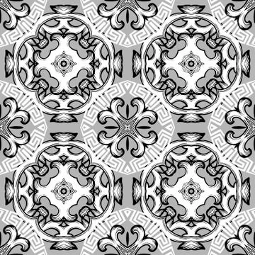 Greek monochrome vector seamless pattern. Floral ornamental background. Repeat 스톡 일러스트