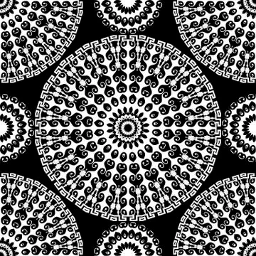 Greek round mandalas seamless pattern. Vector greek key meanders wave lines Illustrazione stock